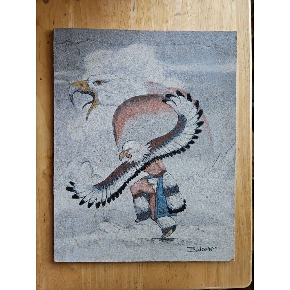 Native American Sand Painting EAGLE DANCER Signed B. John OUTSIDER ART 14X11